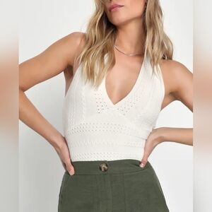 Lulus Weekend Excellence Ivory Cable Knit Halter Neck Bodysuit Boho Feminine 244